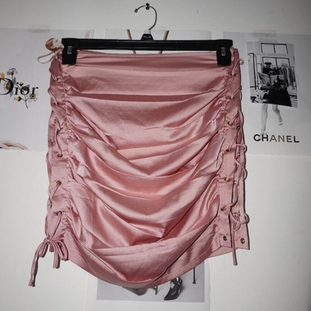 Pink Satin Scrunched Mini Skirt